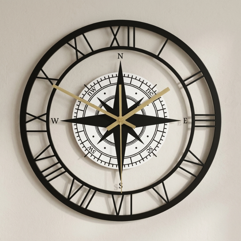 Decorative wall clock with compass design on a plain background