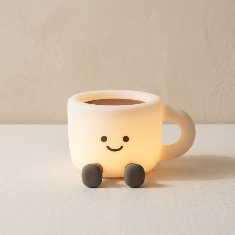 Cute mug-shaped night light with a smiley face on a neutral background