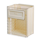 Beige storage box with a transparent lid on a white background