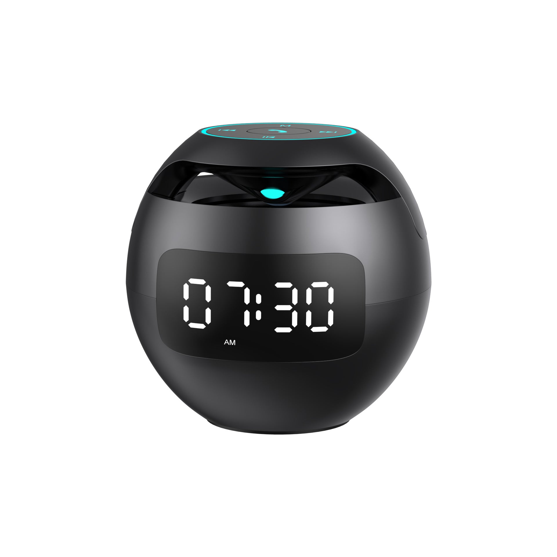 Black digital clock with LED display on a white background