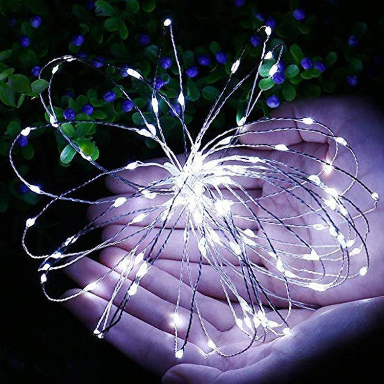 A hand holding a cluster of thin wire string lights glowing with bright white LEDs, with dark green foliage and blue berries blurred in the background.