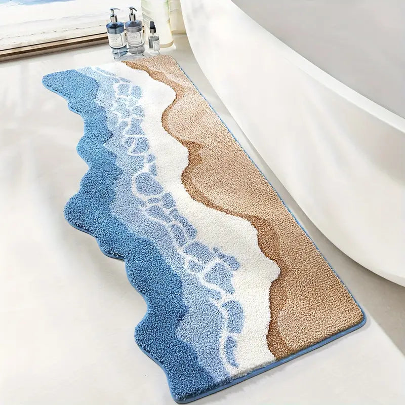 Ocean Waves Microfiber Bath Mat – Soft High-Pile Non-Slip Bathroom Mat with Anti-Slip Backing – Machine Washable and Quick Drying 0