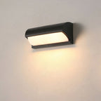 Black wall-mounted outdoor light fixture on a gray wall