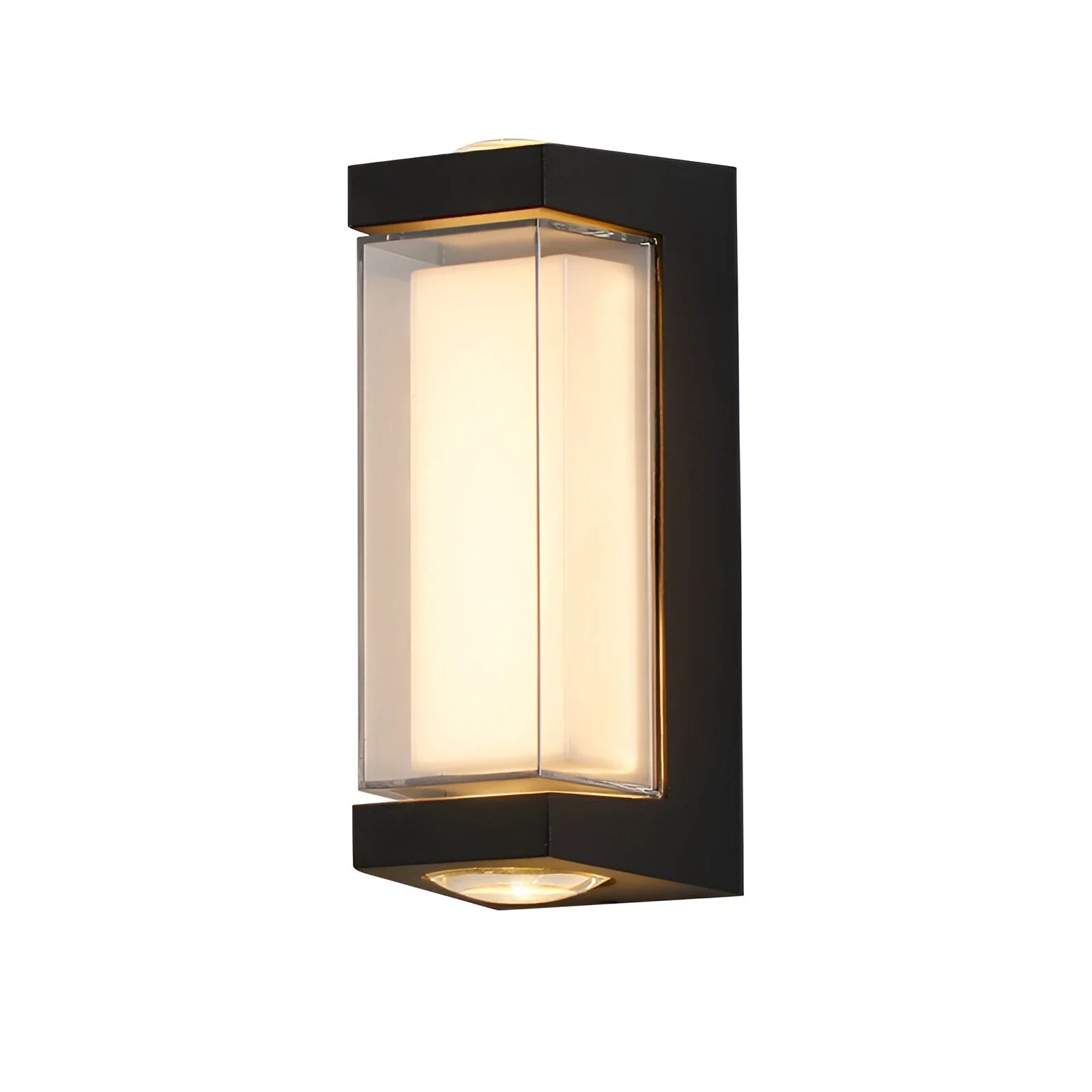 Modern outdoor wall light fixture with black frame and glass cover on a white background