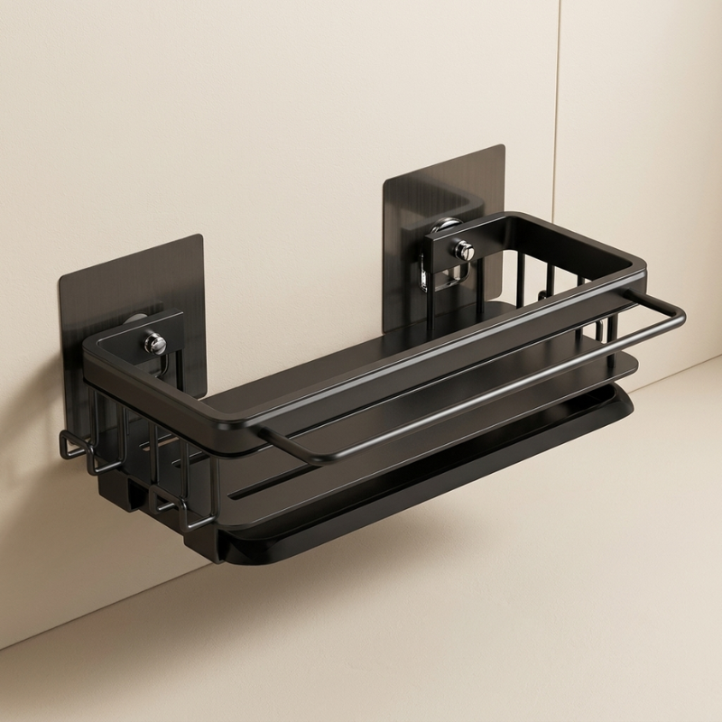 Black wall-mounted shower caddy on a beige wall