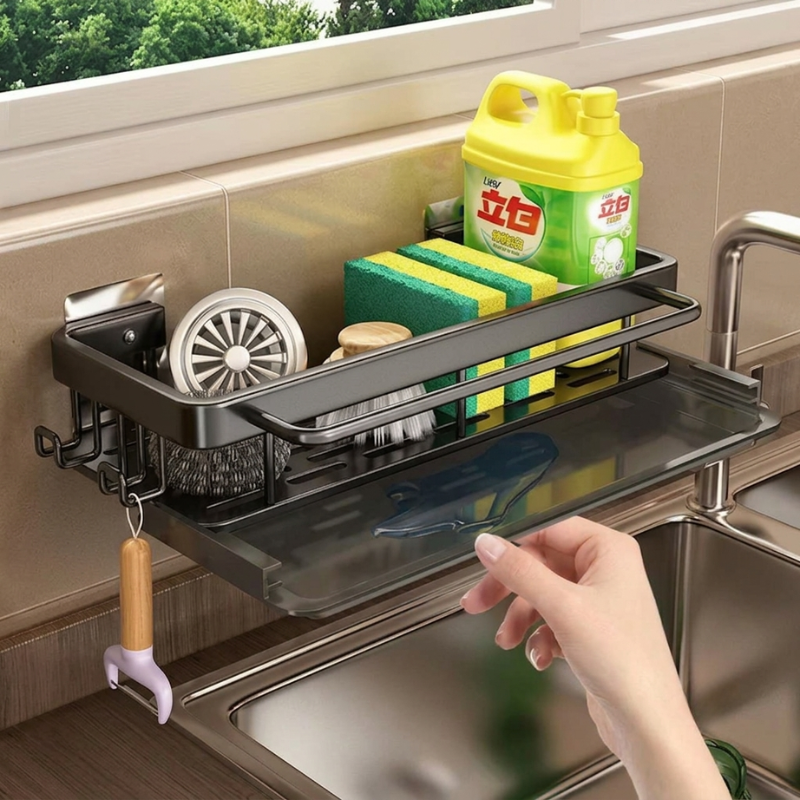 Kitchen sink rack with cleaning supplies on a kitchen counter