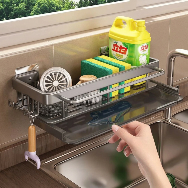 Kitchen sink caddy with cleaning supplies on a kitchen counter