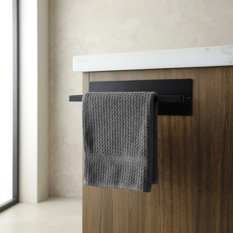 Gray towel hanging on a black towel rack attached to a wooden cabinet with a white countertop.