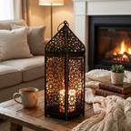 A dark metal lantern with intricate cutout patterns stands on a wooden table in a cozy living room, glowing with warm light next to a mug, books, a small plant, and a knitted throw, with a fireplace in the background.