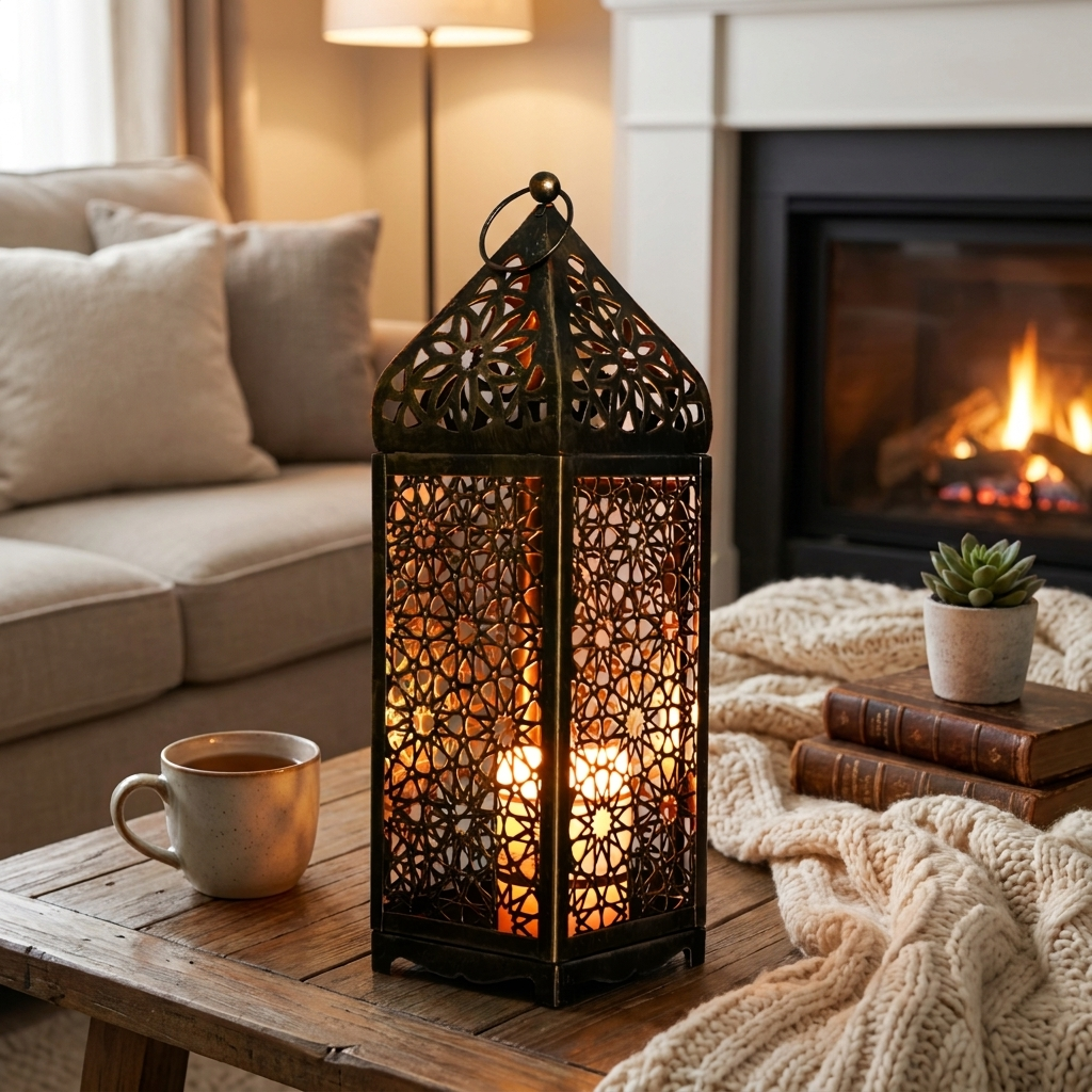 A dark metal lantern with intricate cutout patterns stands on a wooden table in a cozy living room, glowing with warm light next to a mug, books, a small plant, and a knitted throw, with a fireplace in the background.