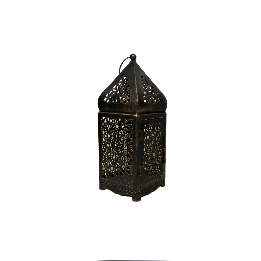 A dark metal lantern with intricate cutout patterns on its body and a pointed top, shown against a plain white background.