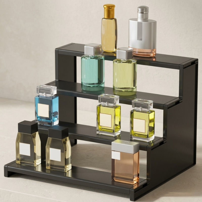 Perfume bottles on a black display stand with a neutral background