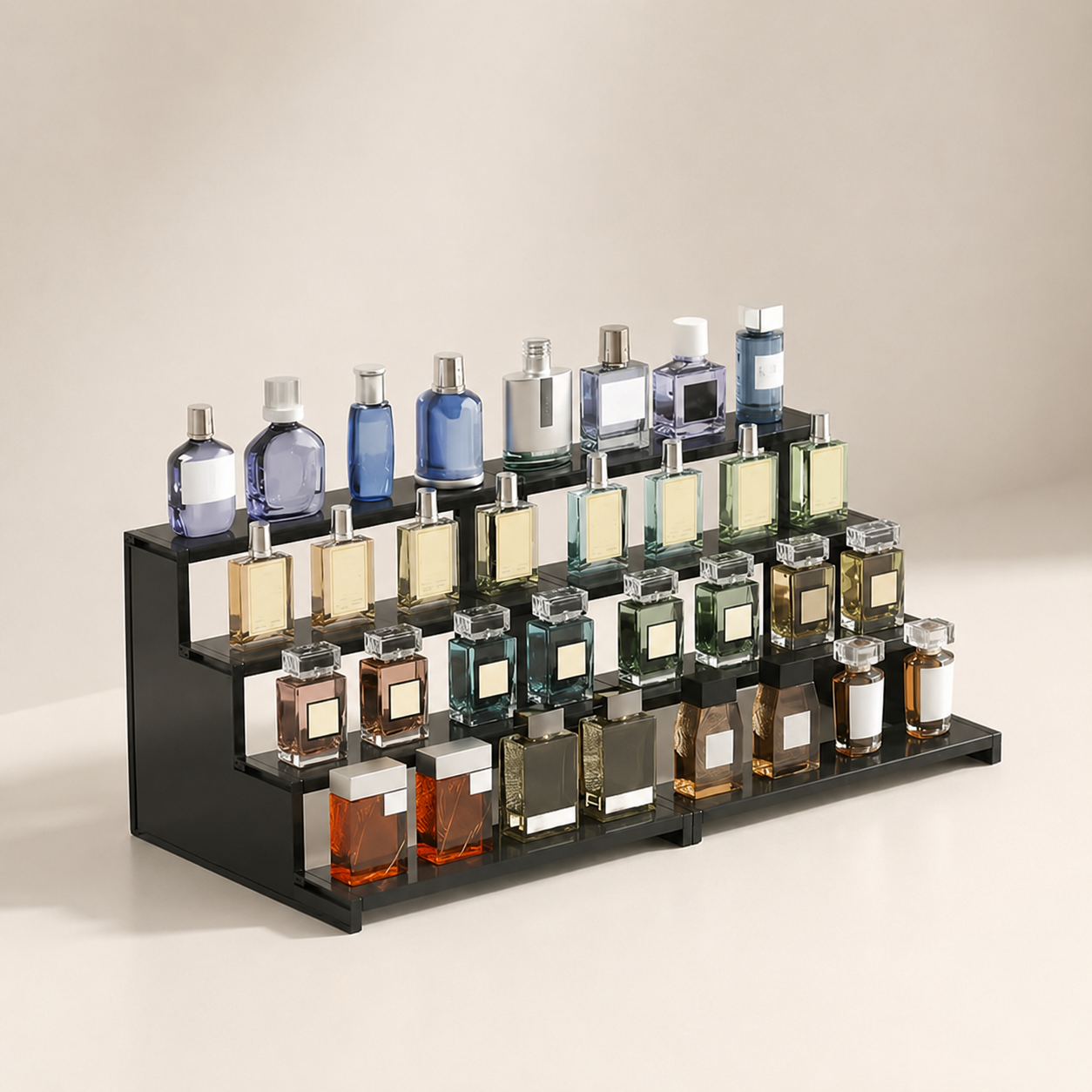 Collection of perfume bottles on a black metal stand against a beige background