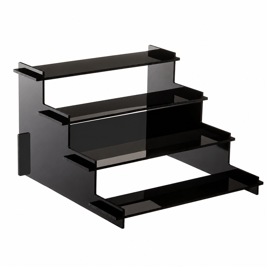 Black glass shelf unit on a white background