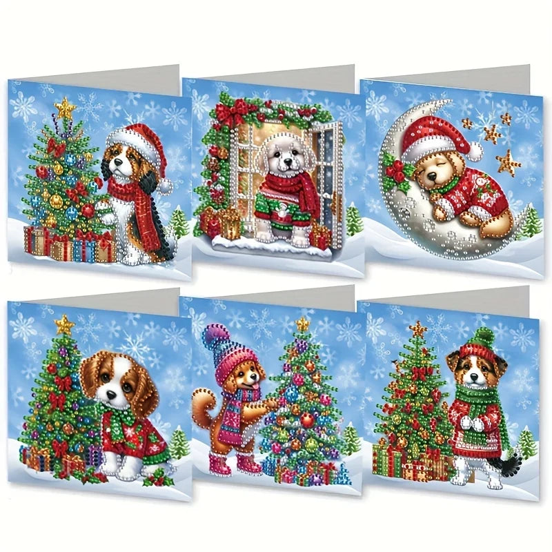 Personalized Christmas Cards 6-Pack with Snow Dog and Christmas Tree Designs – Diamond Painting Holiday Greetings 1