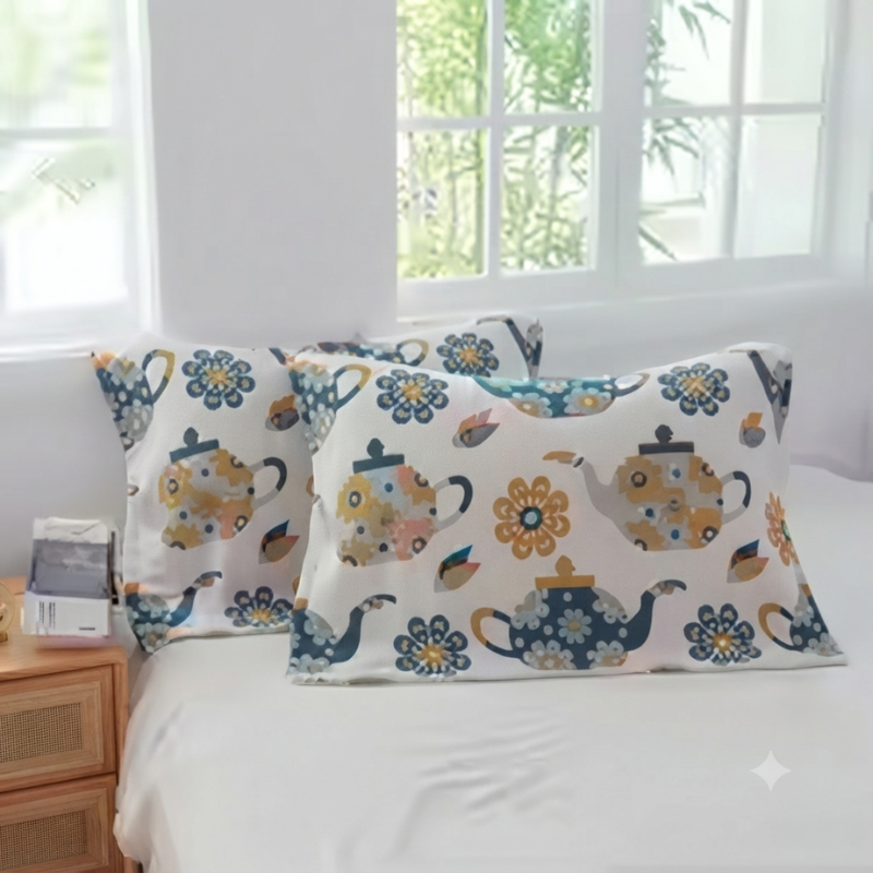 Two decorative pillowcases with a whimsical floral teapot pattern in blue, yellow, and orange on a white background, styled on a bed in a bright bedroom.