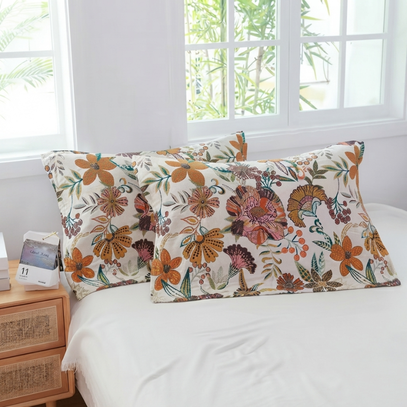 Two decorative throw pillows with a colorful floral and botanical print resting on a white bed in a bright bedroom setting.