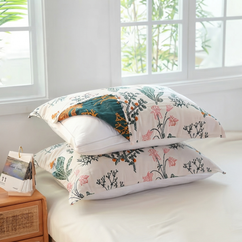 Two decorative pillows stacked on a bed in a bright bedroom. The pillows have an off-white background with a botanical floral pattern in pink, green, and orange, with one pillow showing a solid teal reverse side.