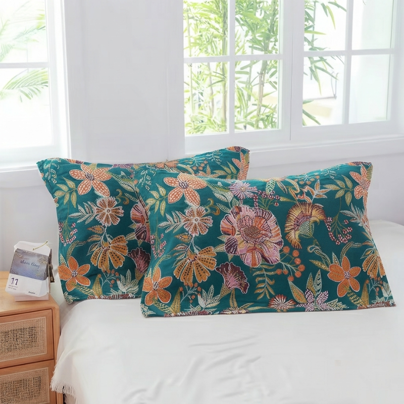 Two decorative pillowcases with a vibrant tropical floral pattern in teal, orange, pink, and green, displayed on a white bed in a bright bedroom setting.