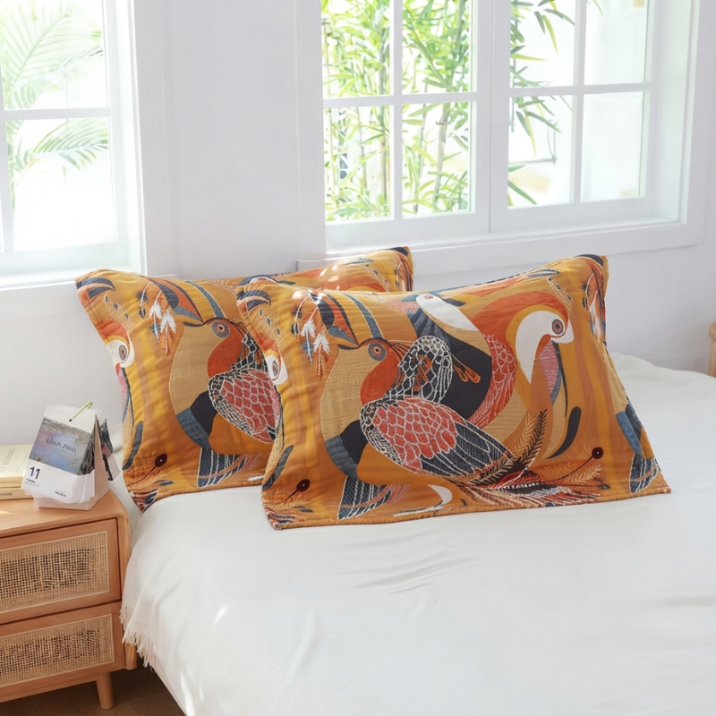 Two decorative throw pillows with a colorful bird pattern on a mustard yellow background, styled on a white bed in a bright bedroom.