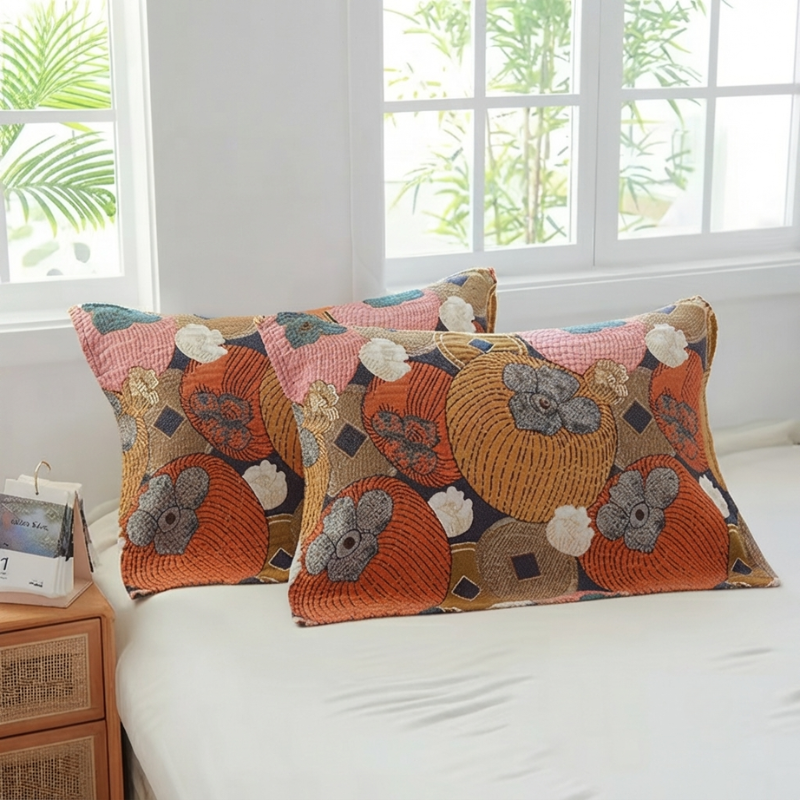 Two decorative throw pillows with a colorful patchwork knit pattern featuring orange, pink, beige, and gray motifs, resting on a white bed in a bright room.