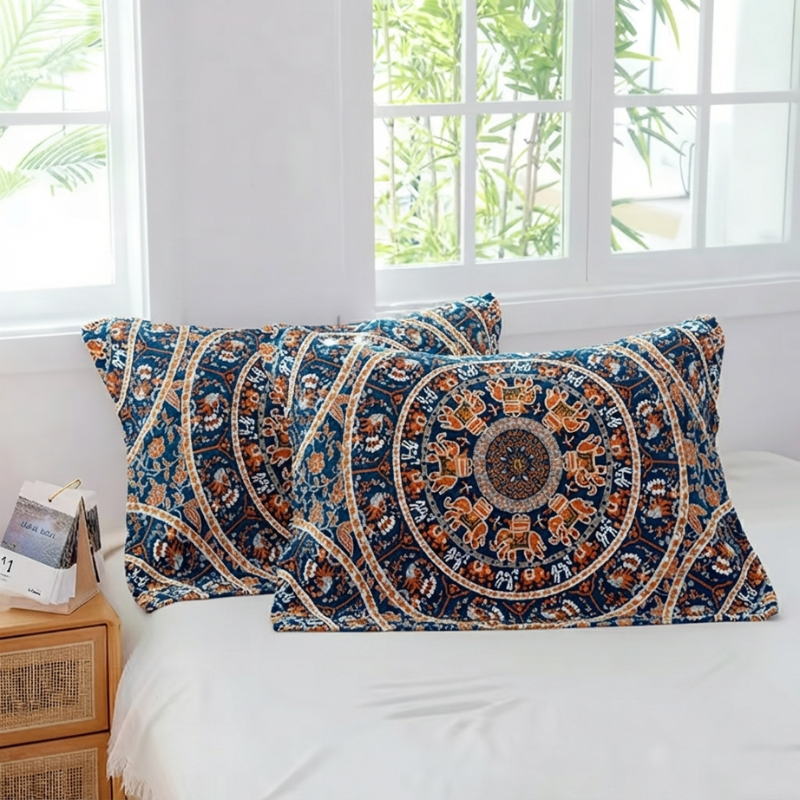 Two decorative throw pillows with a detailed blue, orange, and beige mandala pattern resting on a white bed in a bright bedroom setting.
