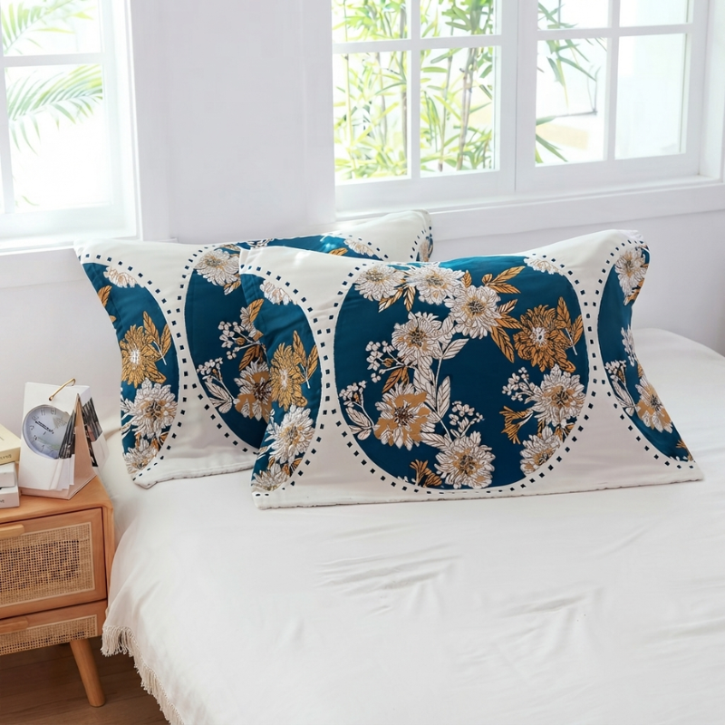 Two decorative throw pillows with a teal and white floral pattern and gold accents, styled on a white bed in a bright bedroom setting.