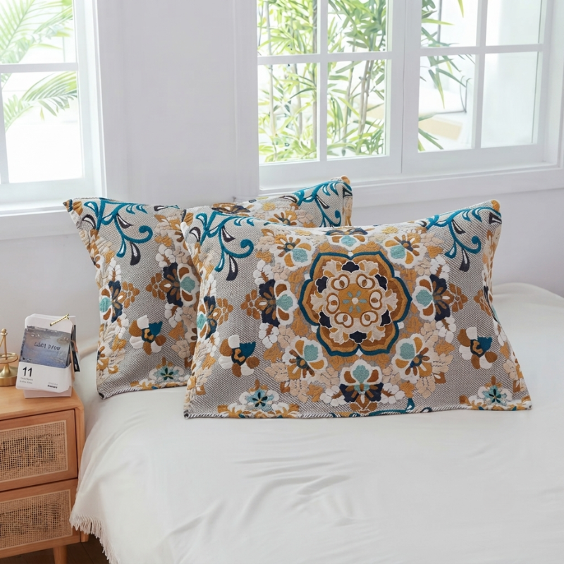 Two decorative lumbar pillows with a beige, teal, and brown floral medallion pattern, styled on a white bed in a bright bedroom setting.