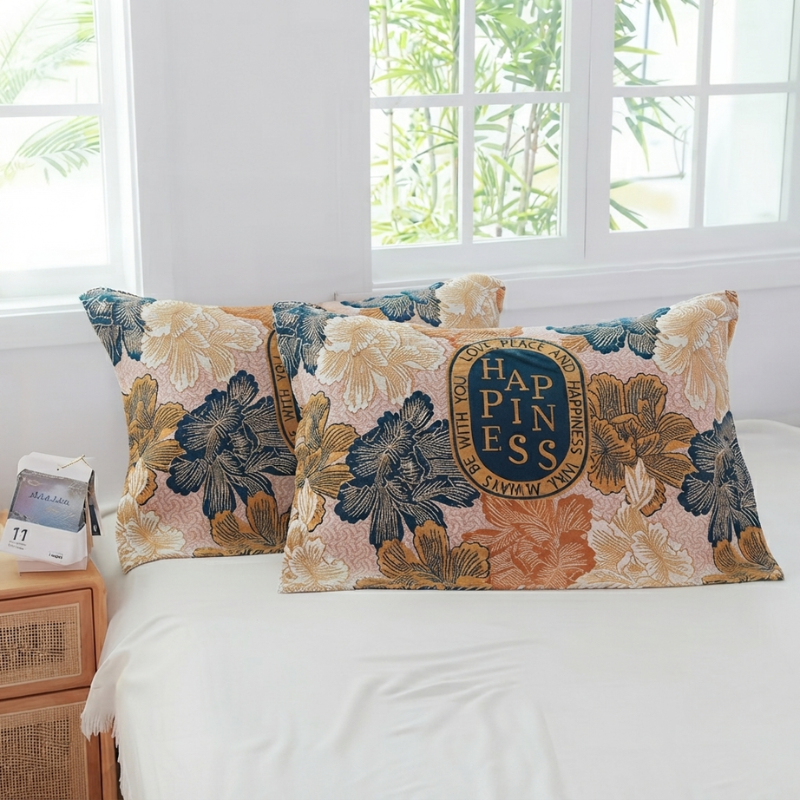 Two decorative throw pillows with a vintage floral pattern and a central navy blue 'HAPPINESS IS LIVING' medallion, styled on a white bed in a bright bedroom.