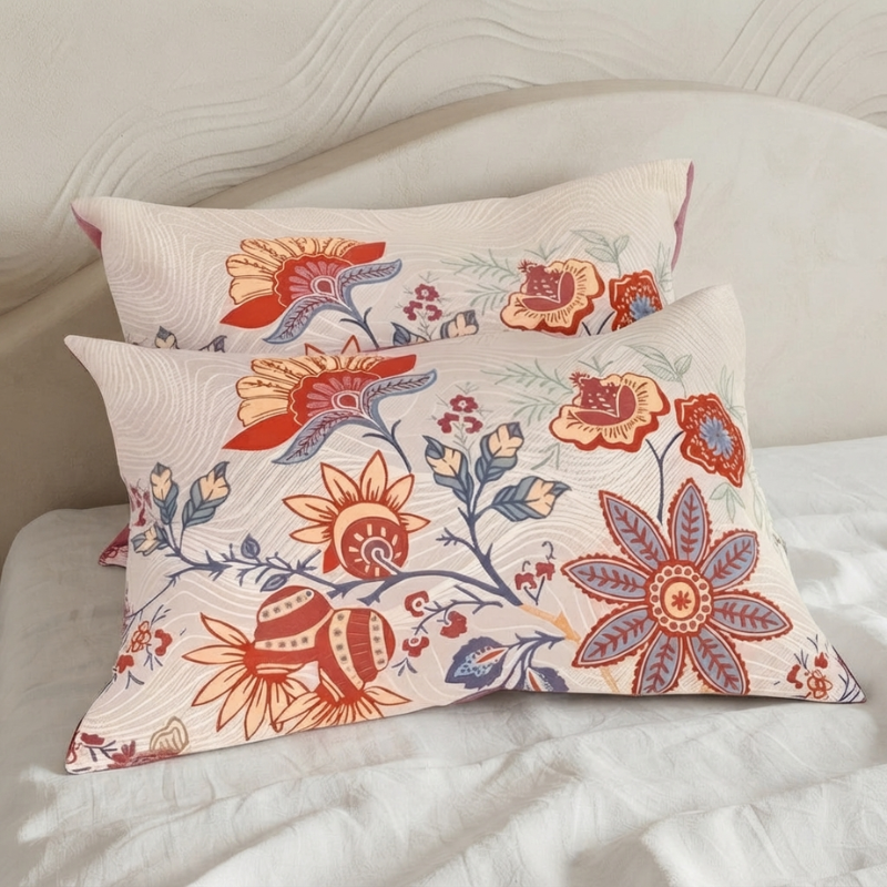 Two decorative throw pillows with a colorful floral and bird pattern on a cream background, styled on a white bed.