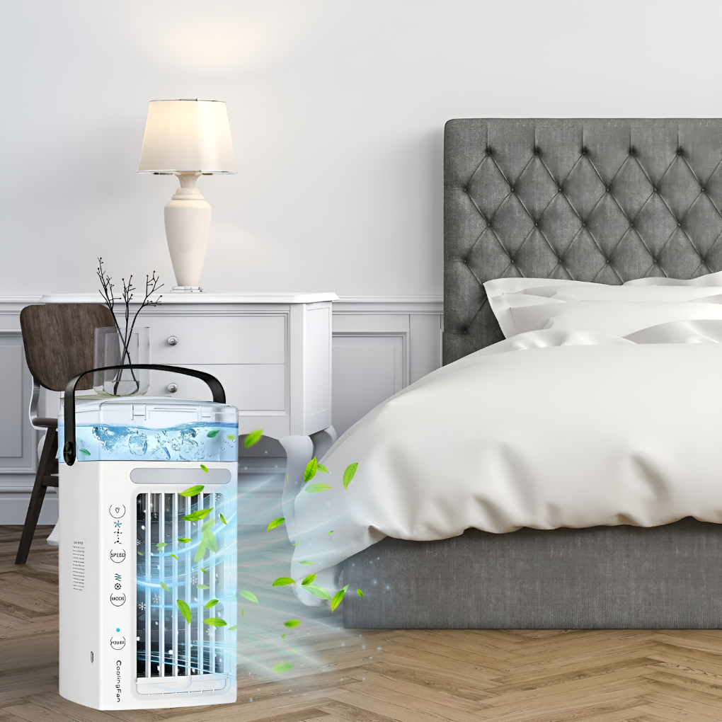 Portable air purifier in a bedroom setting with a bed and nightstand.