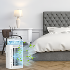 Portable air purifier in a bedroom setting with a bed and nightstand.
