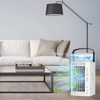 Air purifier in a living room setting with a sofa and lamp.