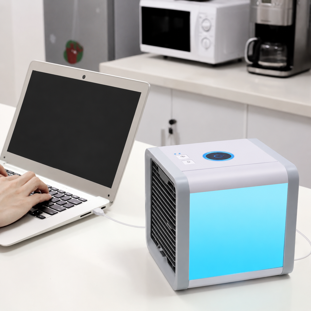 Small portable air conditioner on a desk next to a laptop in a kitchen setting