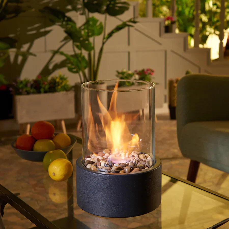Portable Bioethanol Fireplace Glass Cylinder Tabletop Heater with Metal Base 2