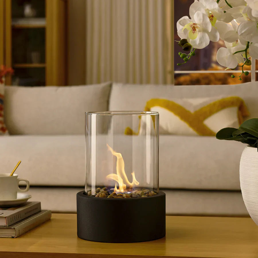 Portable Bioethanol Fireplace Glass Cylinder Tabletop Heater with Metal Base 5