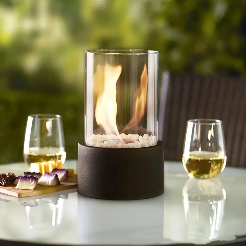 Portable Bioethanol Fireplace Glass Cylinder Tabletop Heater with Metal Base 8