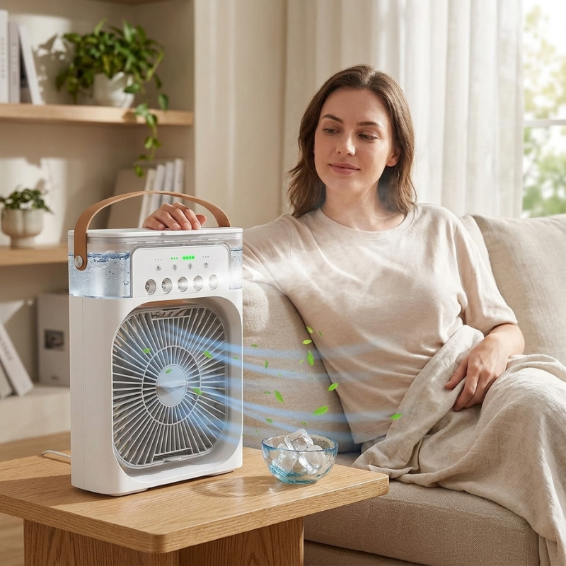 Woman sitting on a couch using a portable air conditioner in a living room.