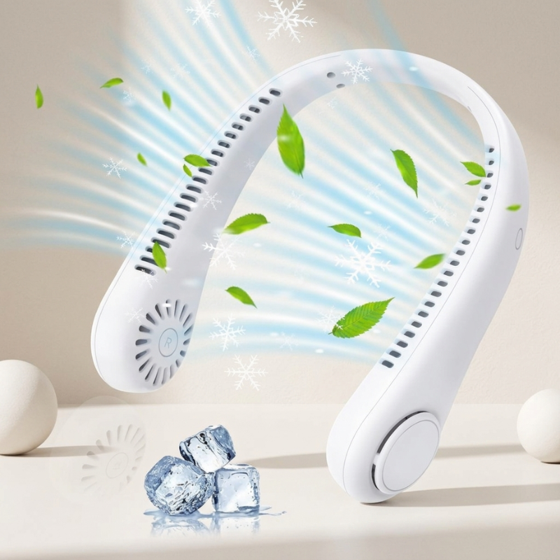 White handheld fan with green leaves and ice cubes on a light background