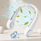 White handheld fan with green leaves and ice cubes on a light background