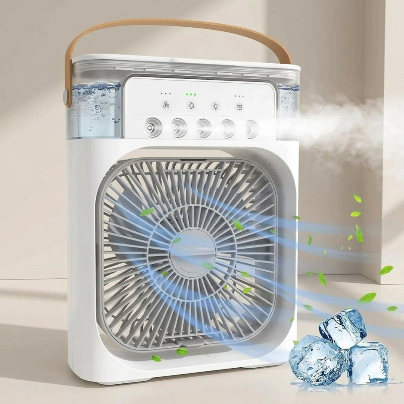 Portable air cooler with water tank and fan blades, emitting mist, on a neutral background.