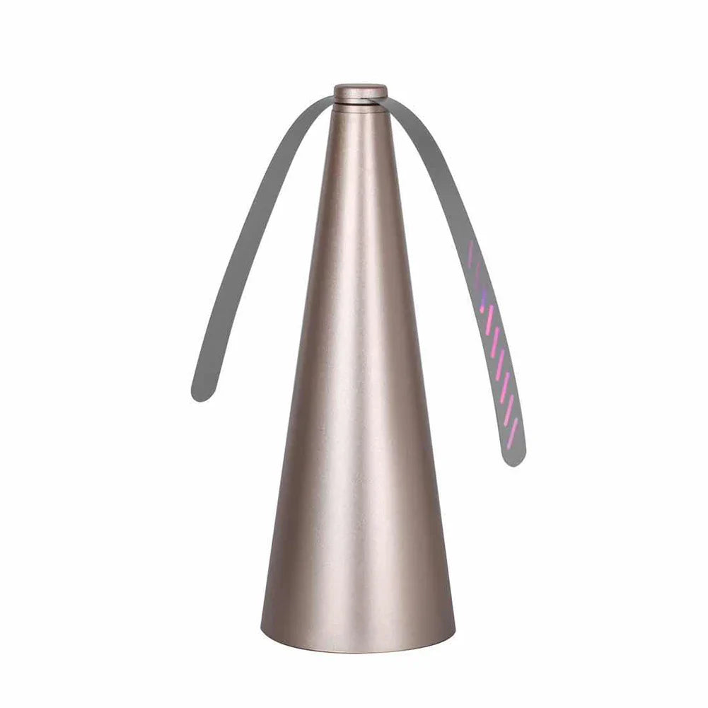 Metallic cone-shaped object with a handle on a white background