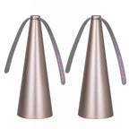 Two metallic cone-shaped objects with gray handles on a white background