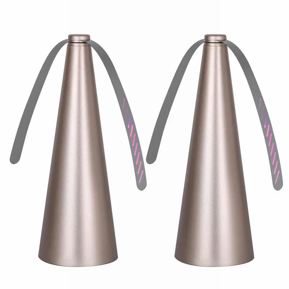 Two metallic cone-shaped objects with gray handles on a white background