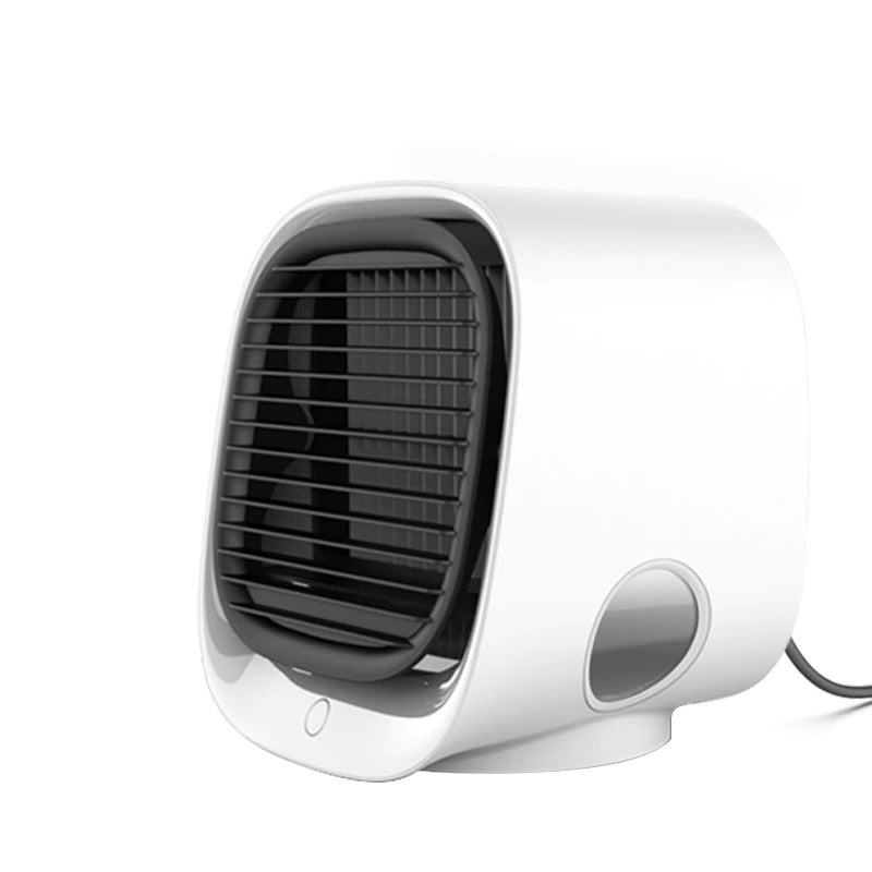 Small white fan with black blades on a white background