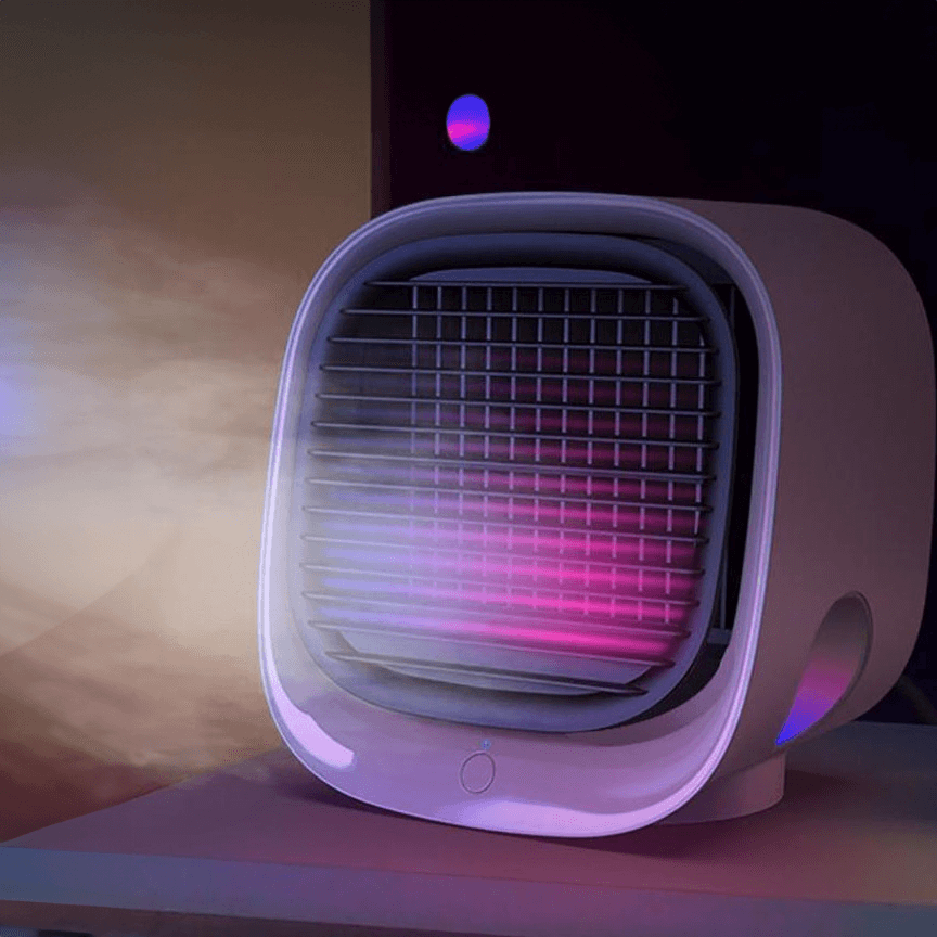 Small portable fan with gradient lighting on a neutral background