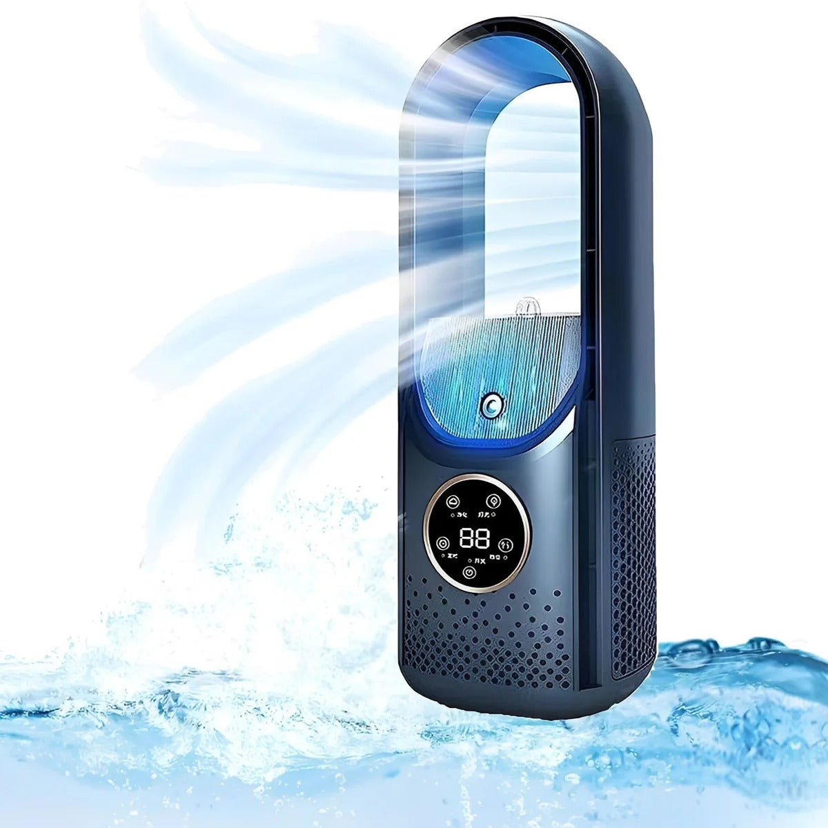 Portable air purifier with digital display on a white background