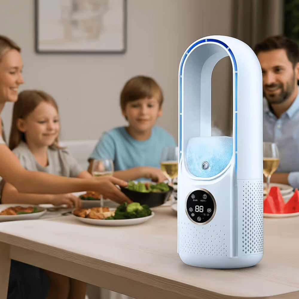 Air purifier on a table with a family dining in the background