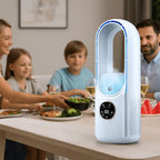Air purifier on a table with a family dining in the background