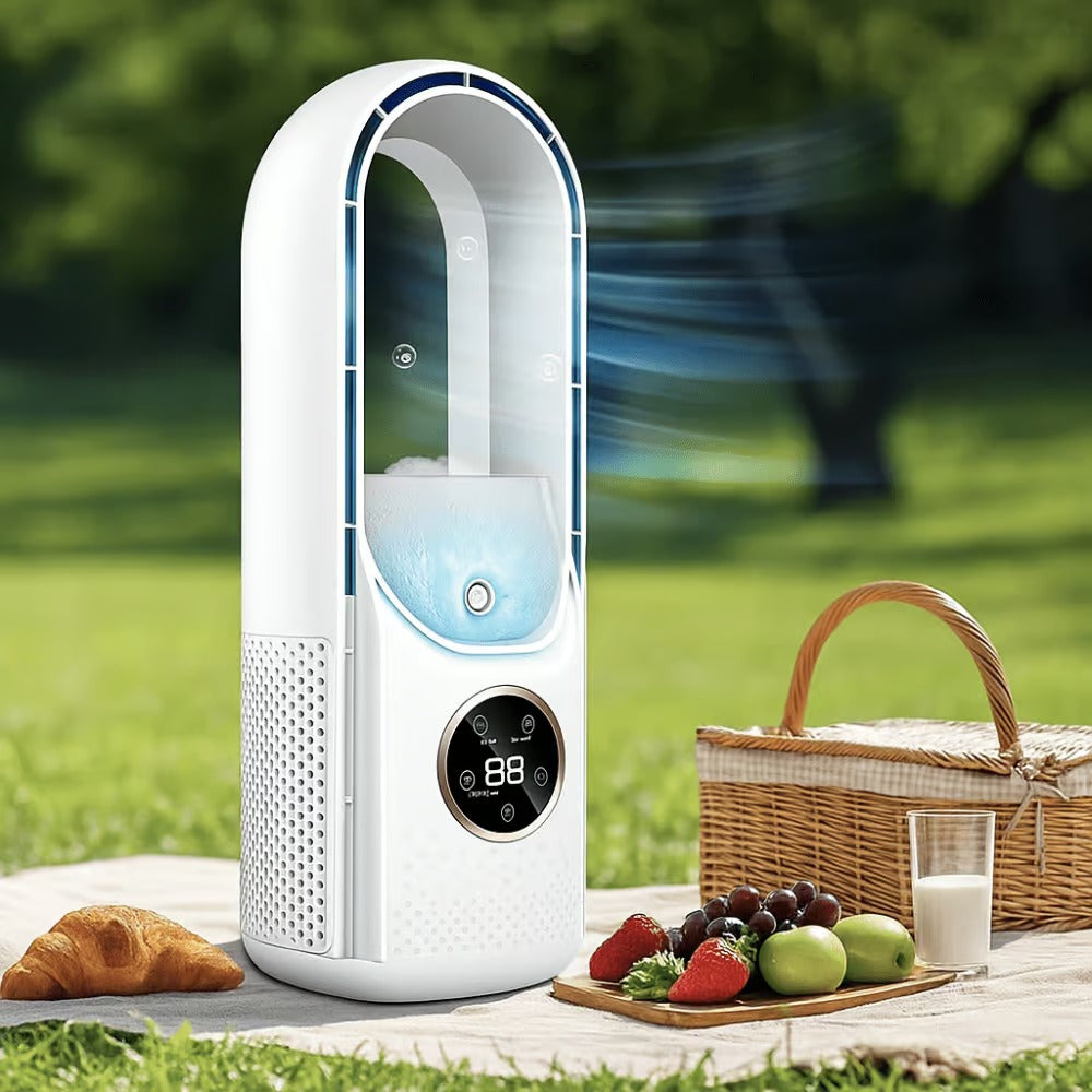 Portable air purifier on a picnic setup with fruits and a basket in a park.